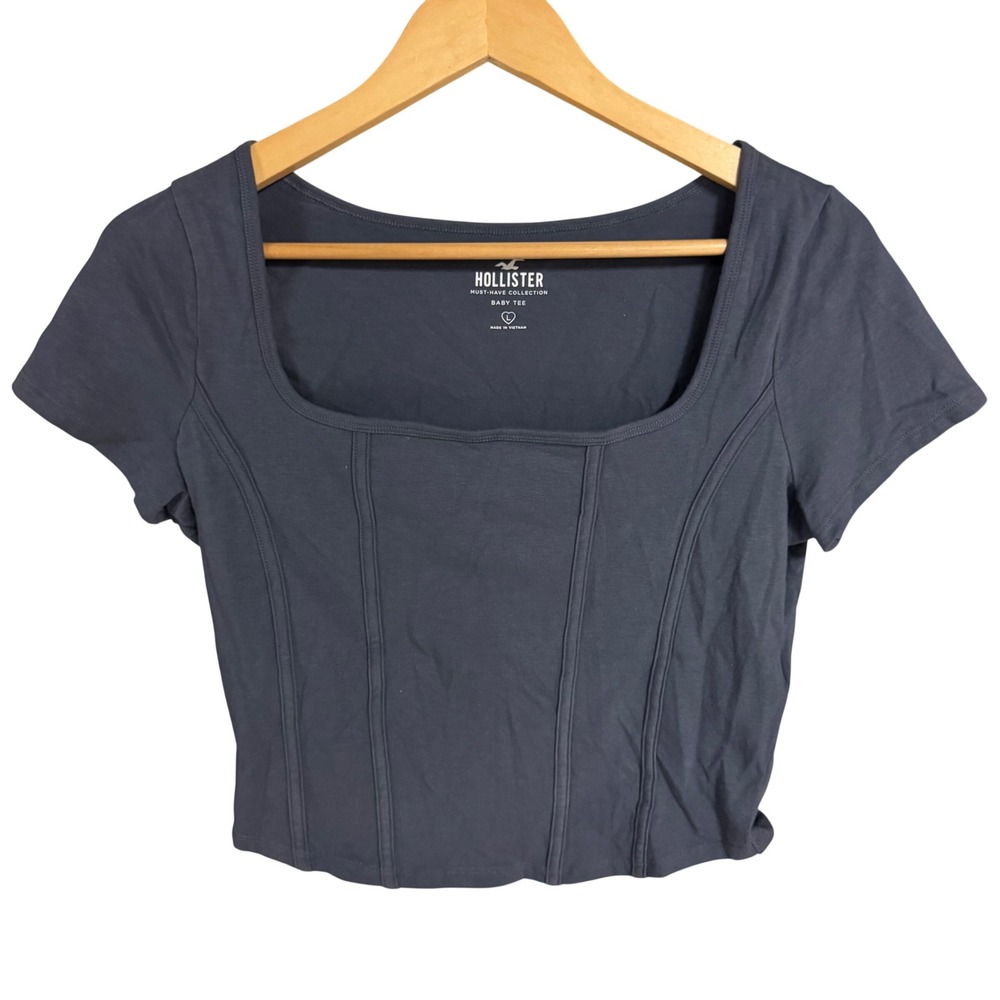 Hollister Must-Have Collection Baby Tee Gray Blue Square Neck Seamed Top Large - Picture 4 of 8
